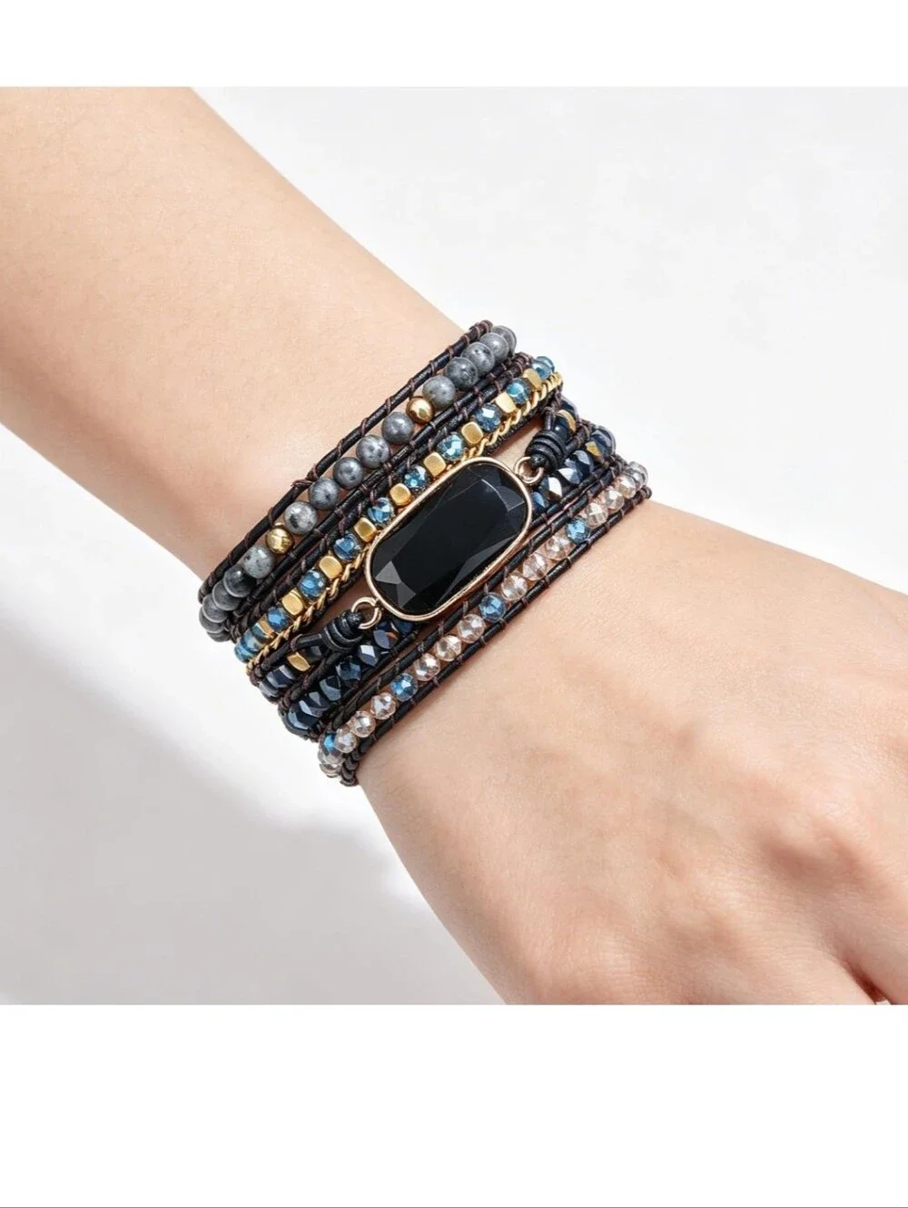 Handmade Black Stone Multi-Strand Wrap Bracelet - Women Jewelry